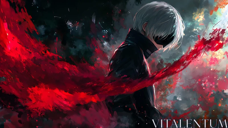 Monochrome-haired figure channels red energy in dynamic motion field