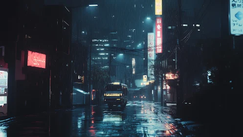 Neon rain hums softly while a lone city bus drifts homeward