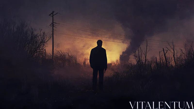 Silhouetted figure before burning wasteland horizon at dusk.