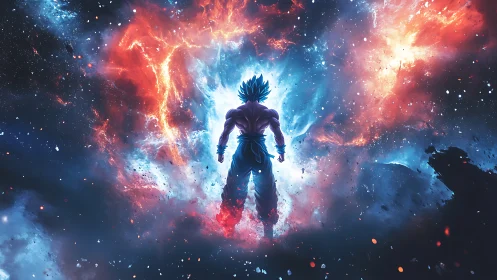 Celestial energy warrior framed by bipolar nebula explosion