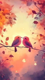 Two Crimson Finches Perched on Branch Against Luminescent Autumn Canopy.