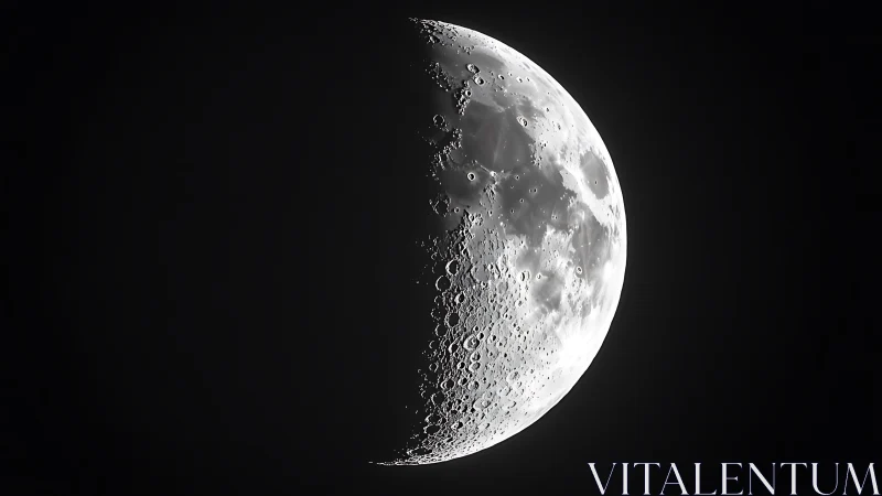 First quarter moon close-up with sharp crater detail shown.