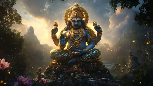 Golden blue deity rests in a lush valley at glowing sunset