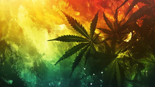 Glowing green leaves rest against fiery sunset colors