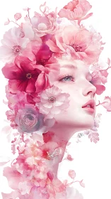 Floral portrait of woman in soft pink watercolor style.