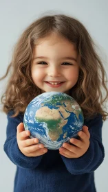 Young child holding Earth globe with joyful expression