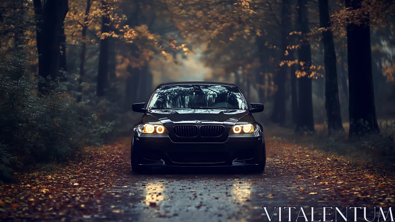 Black sports sedan cuts through misty autumn forest road