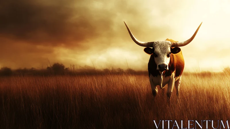 Sunlit longhorn strolls calmly through a glowing golden field