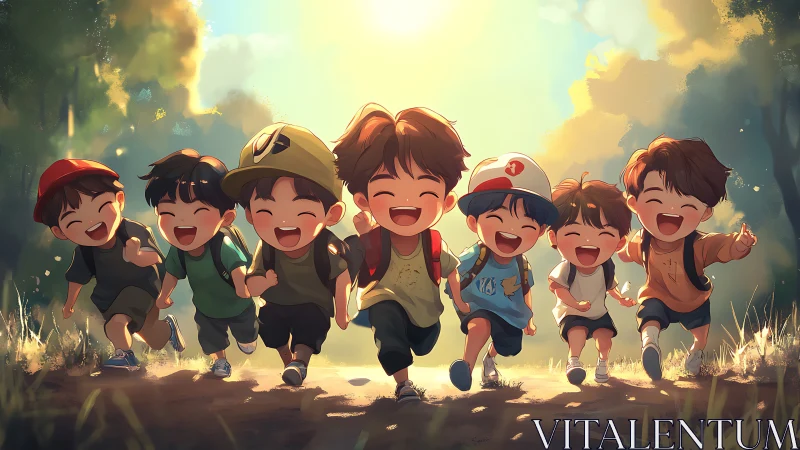 Children Running Through Golden Sunlight Fields