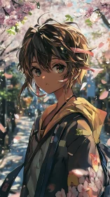 Cherry blossom wanderer pauses beneath a drifting petal sky.