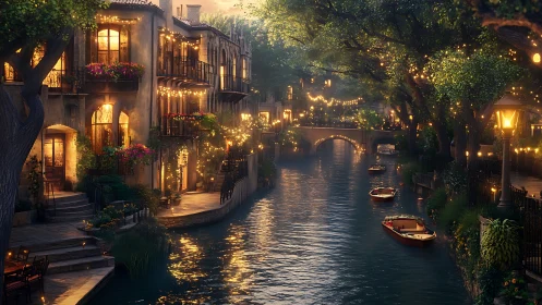 Romantic canal at dusk with glowing lights and boats.