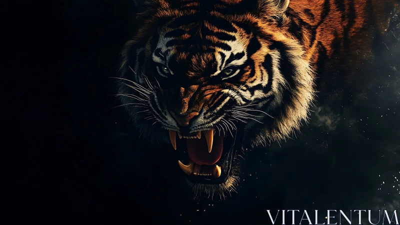 Snarling tiger lunges from darkness with glowing eyes and fangs.