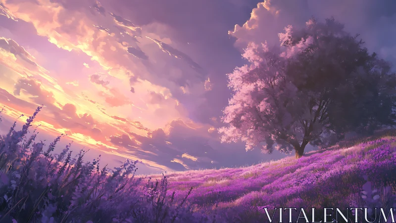Digital painting of lavender hillside at luminous sunset sky.