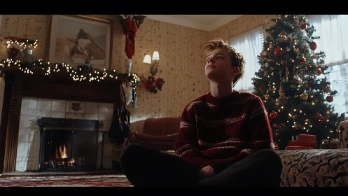 Young person near fireplace and decorated Christmas tree indoors.