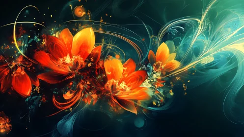Digital rendering depicts stylized orange flowers on dark field