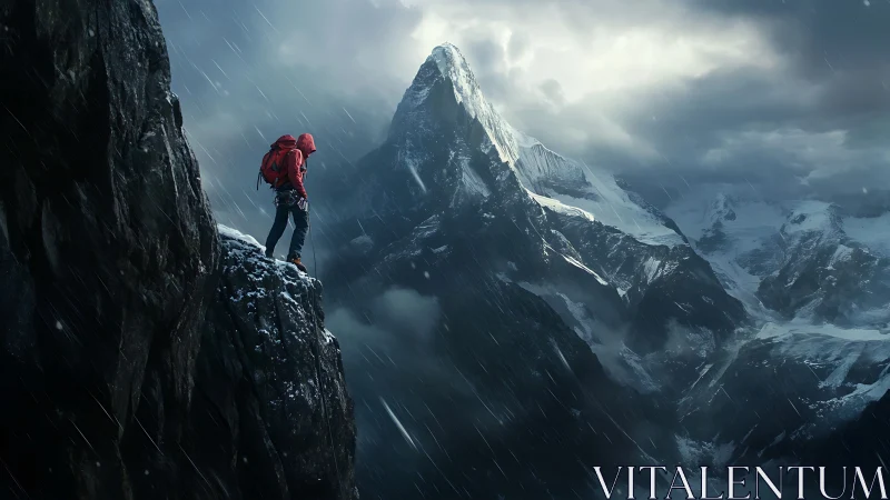 Alpine climber on storm-lashed precipice facing glaciated peak.