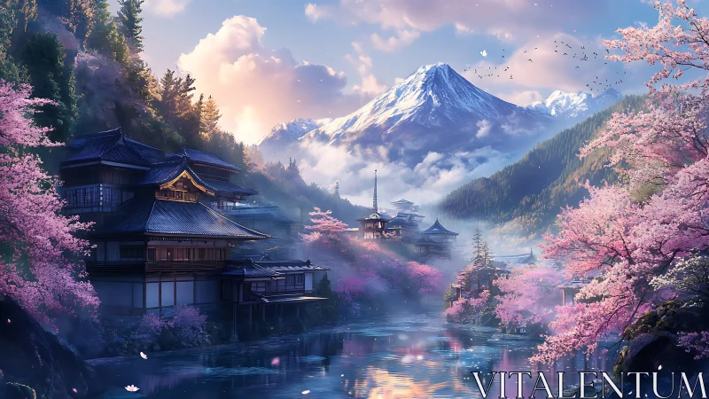 Mountain village with cherry blossoms and riverside houses.