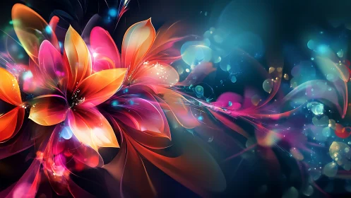 Luminous abstract blossoms in swirling neon spectrum flow.