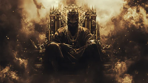 Shadow crowned king on burning baroque throne in smoke.