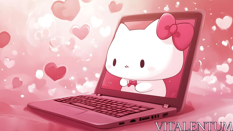 Cartoon white cat appears on pink laptop screen with hearts