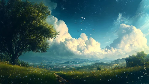 Luminous valley landscape with cumulus cloudscape and meadow path