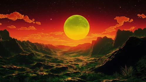 Luminous neon moon over volcanic valley in digital dusk.