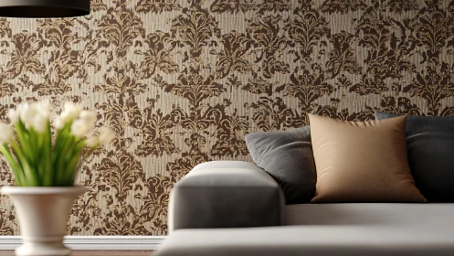 Modern sofa set against ornate brown damask wallpaper.