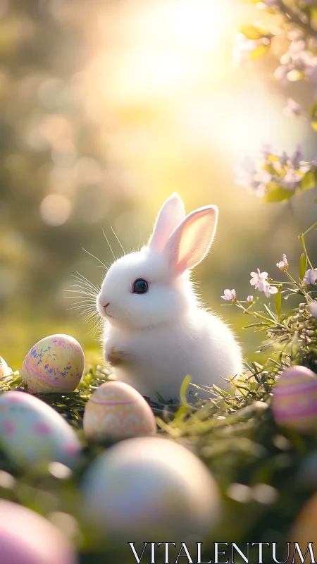 Gentle white bunny glows among pastel Easter eggs in spring
