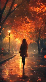 Warm autumn stroll beneath glowing golden streetlights.