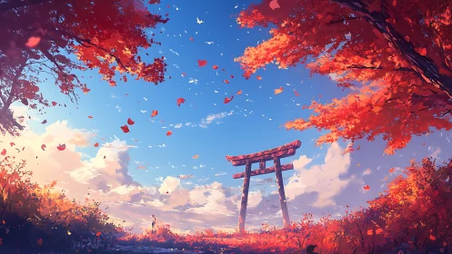 Autumn shrine torii under vivid red maple canopy sky.