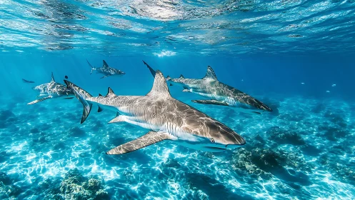 Sharks gliding through sunlit tropical shallows in formation.