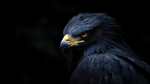 Majestic black eagle portrait in dramatic lighting, close-up style.