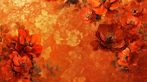 Red Blooms on Ornamental Orange Textured Background