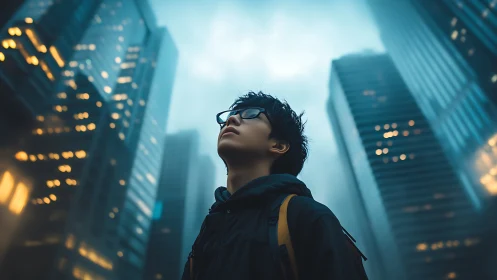 Backlit urban portrait isolates subject amid fog-softened skyscrapers