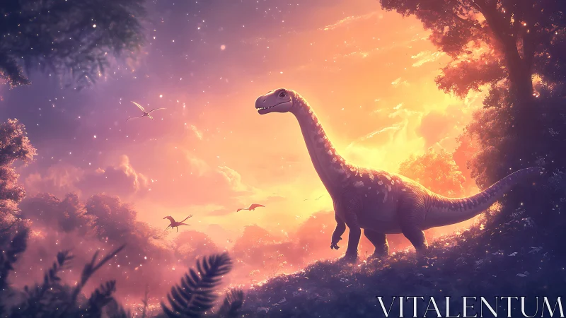 Sauropod dinosaur in warm sunset forest clearing scene.