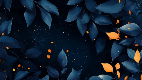 Midnight leaves circling ember-bright whispers of starlight.