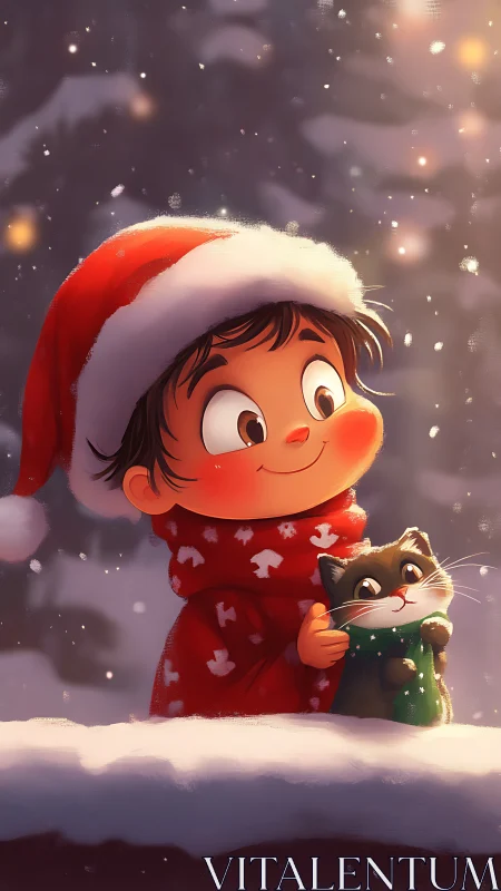 Child in Santa hat cuddling cat in softly lit winter snow