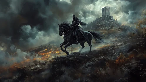 Dark rider overlooking a burning valley beneath storm clouds.