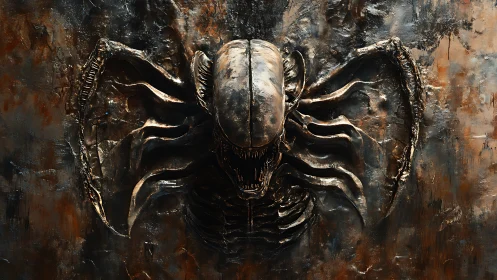 Rust-crowned biomech predator bursting from corroded wall.