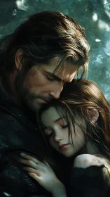 Close Embrace of Two Figures in Teal Atmospheric Setting