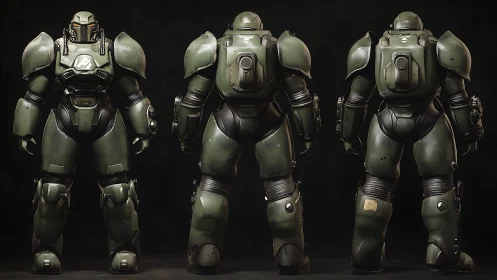 Battleworn olive exosuit lineup in stoic triple stance.