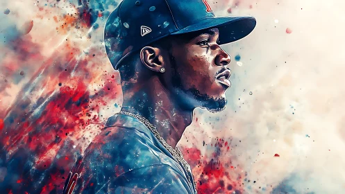 Side profile of baseball player in abstract color field.