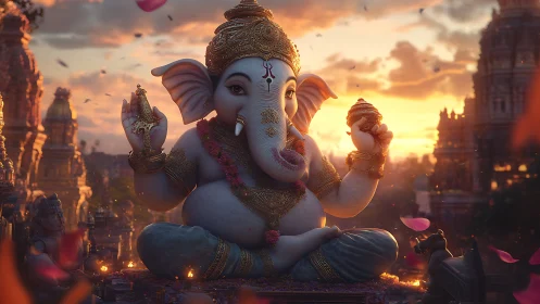 Ganesha statue sits in ornate temple courtyard at sunset