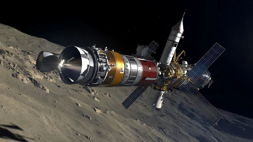 Lunar orbital spacecraft render with modular docking arrays in transit.
