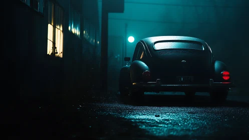 Nocturnal wet street scene isolates vintage car in cinematic rim light