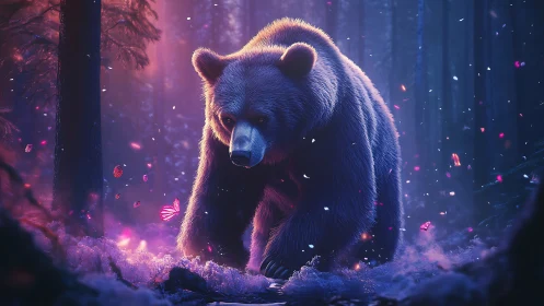 Bioluminescent forest bear under volumetric twilight scattering.