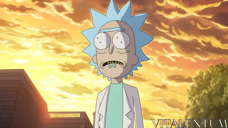 Disoriented cartoon scientist under turbulent sunset sky.