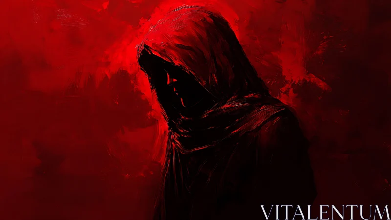 Hooded wanderer wrapped in crimson mystery and shadow.