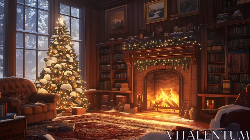 Snowlit Christmas library with glowing hearth and tree.