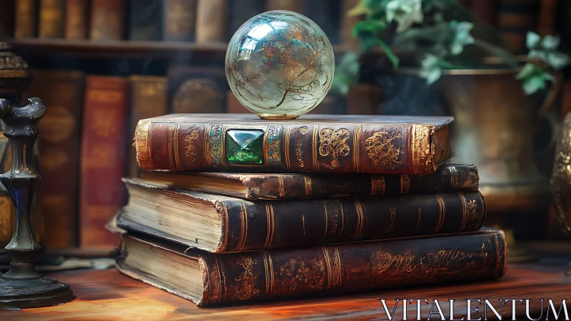 Crystal globe resting on ornate antique books in study.
